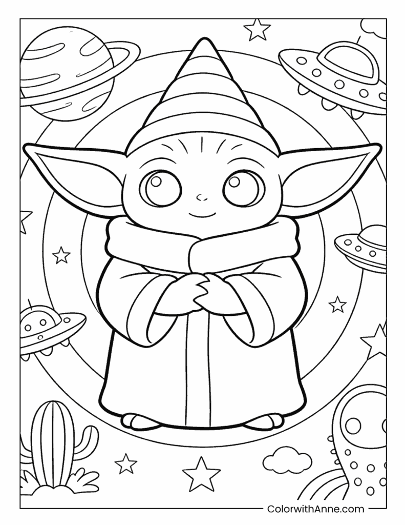 Baby Yoda with Planets and a UFO Coloring Page