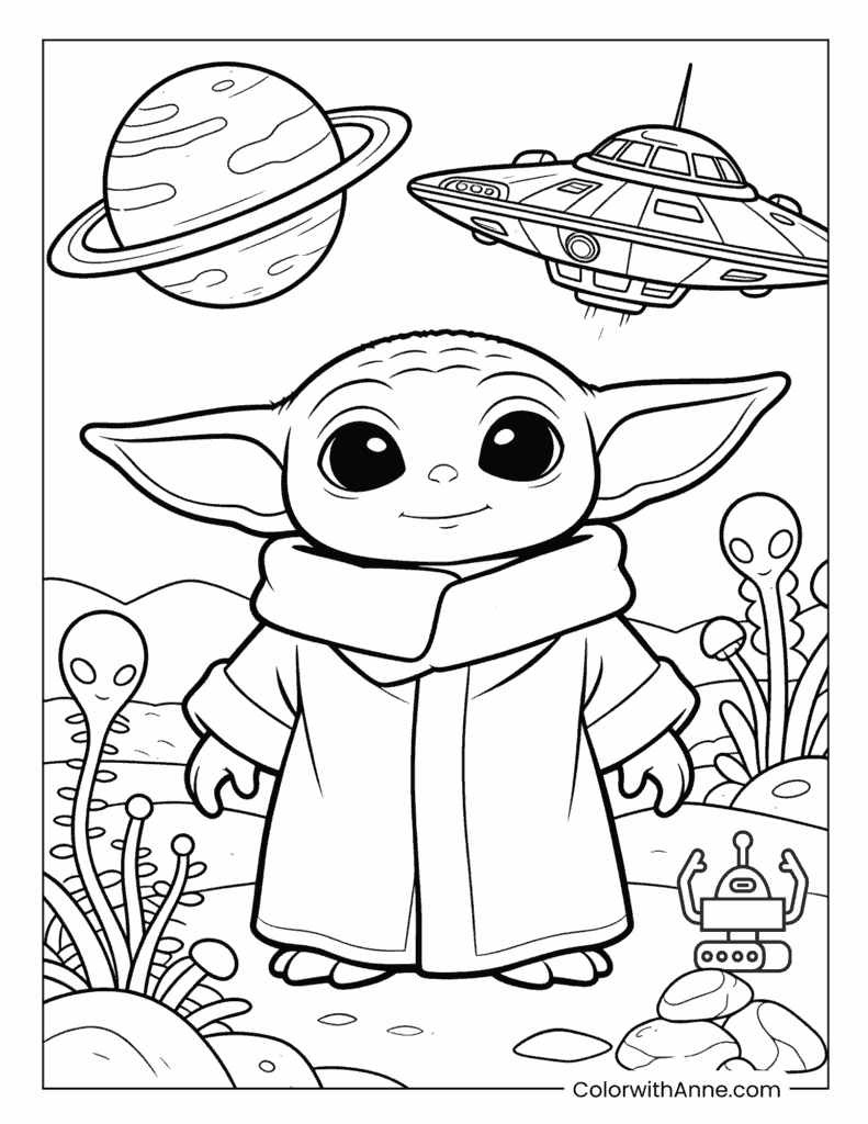 Baby Yoda with Saturn, UFO, and Droid Coloring Page