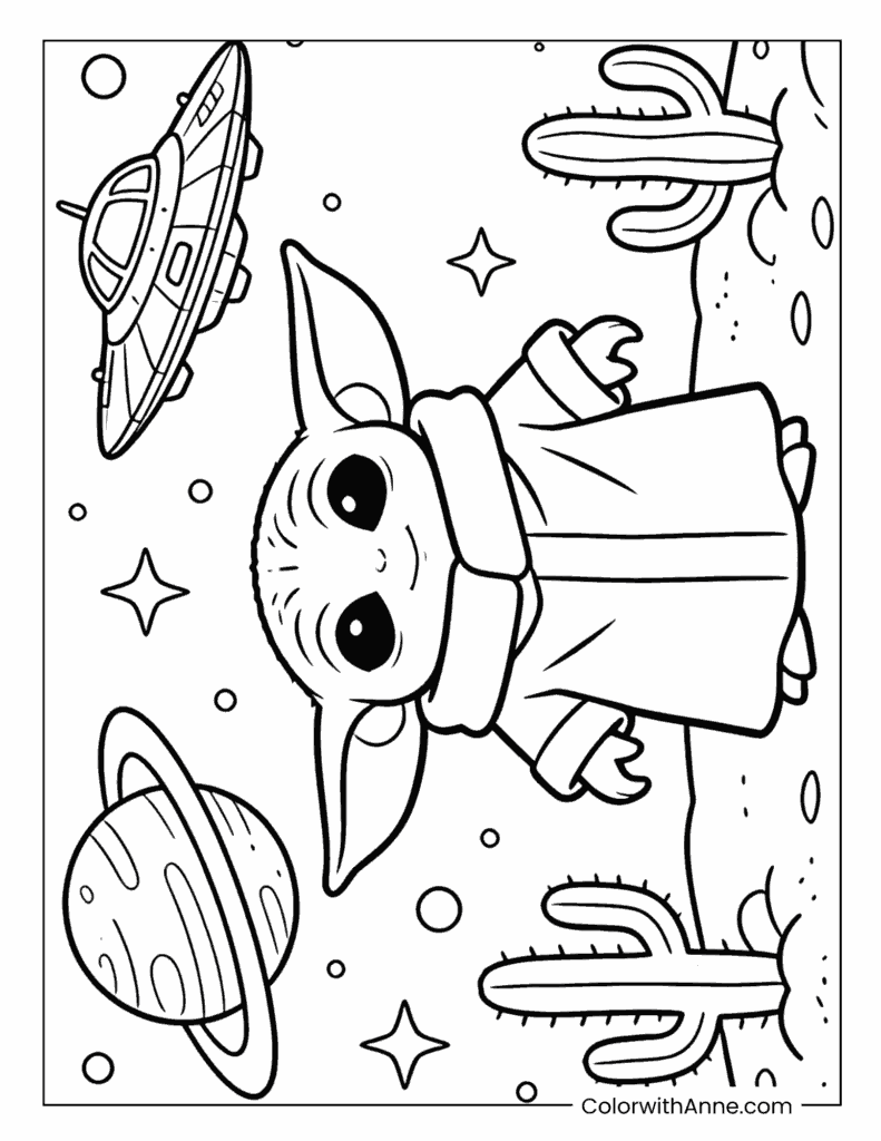 Baby Yoda with Spaceship, Cactus, and Ringed Planet Coloring Page
