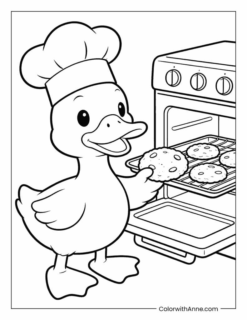 Baker Duck Taking Cookies from the Oven Coloring Page