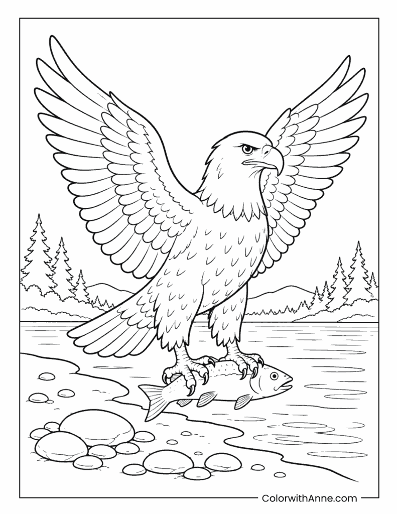 Bald Eagle Catching a Fish by the Lake Coloring Page