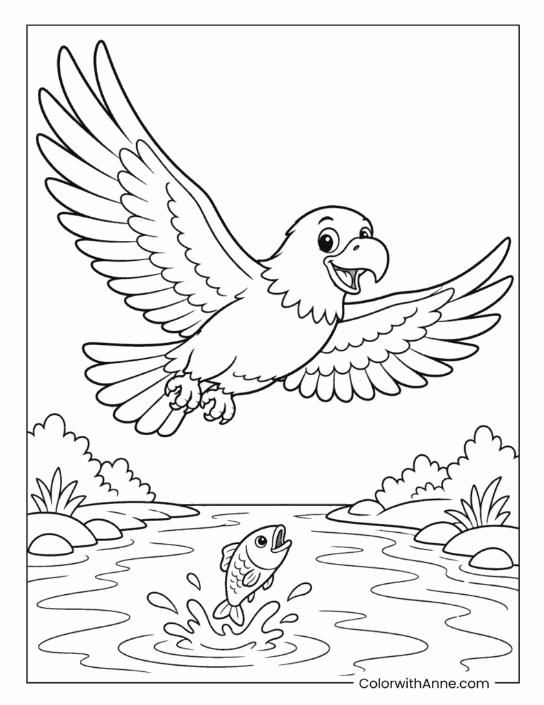 Bald Eagle Flying Over a Jumping Fish Coloring Page