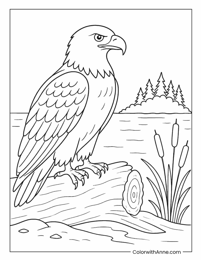 Bald Eagle On Log By Lake Coloring Page