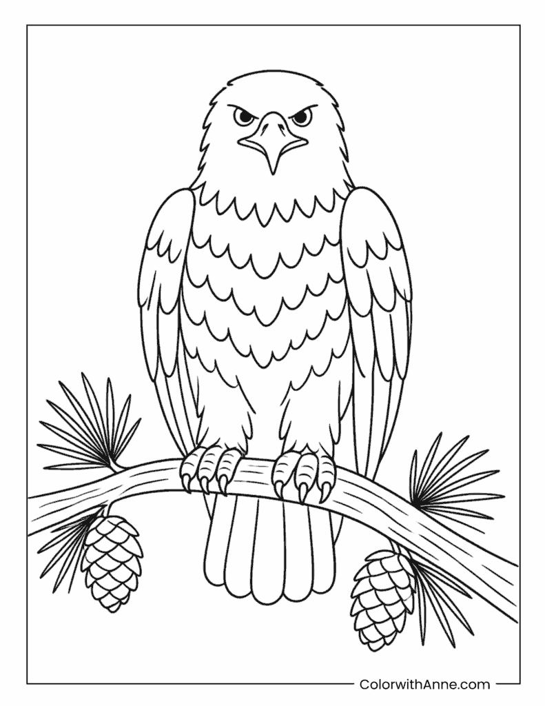 Bald Eagle Perched On Pine Branch Coloring Page