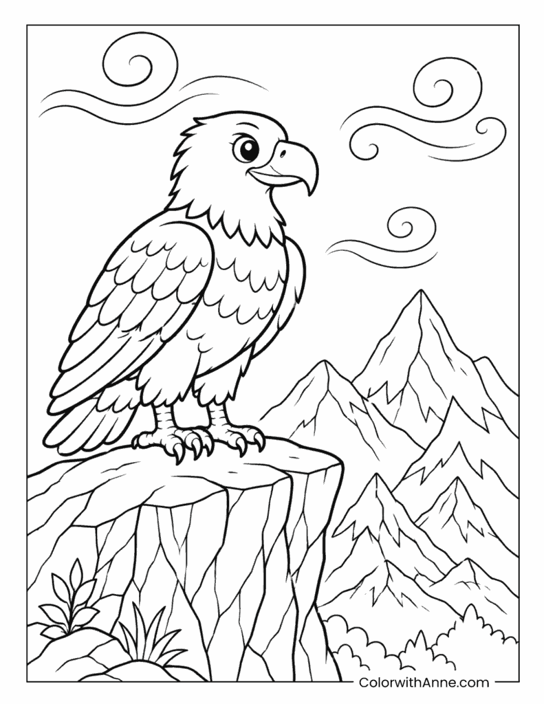 Bald Eagle Perched on a Mountain Cliff Coloring Page