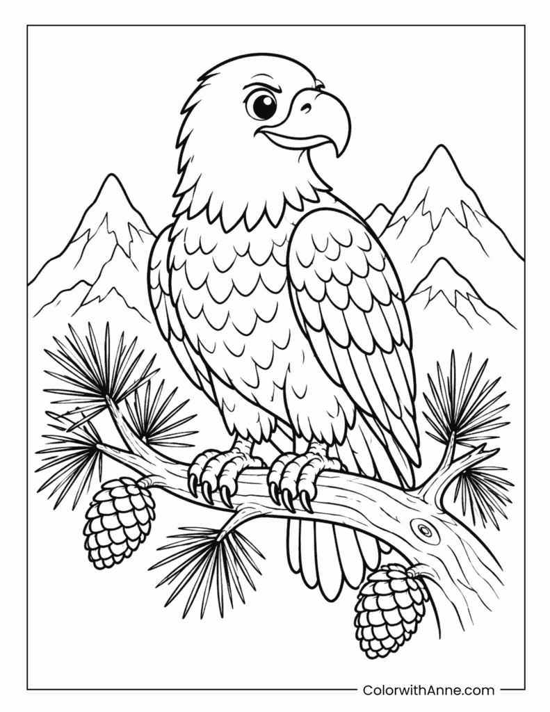 Bald Eagle Perched on a Pine Tree Branch Coloring Page