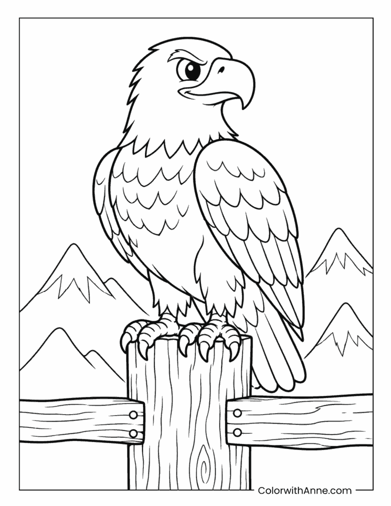 Bald Eagle Perched on a Wooden Fence Coloring Page