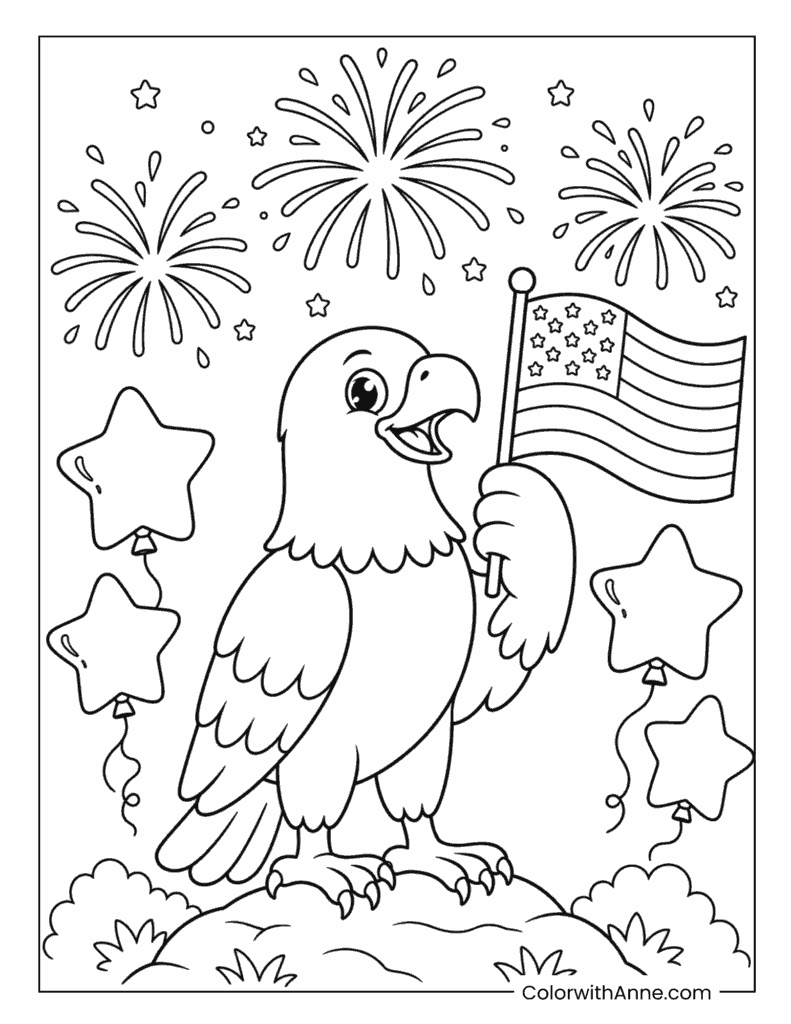 Bald Eagle with American Flag Coloring Page