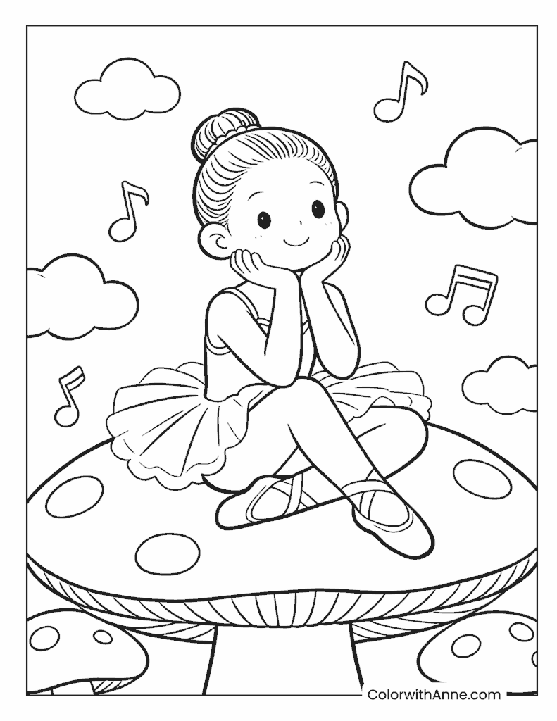 Ballerina Sitting on a Spotted Mushroom Coloring Page
