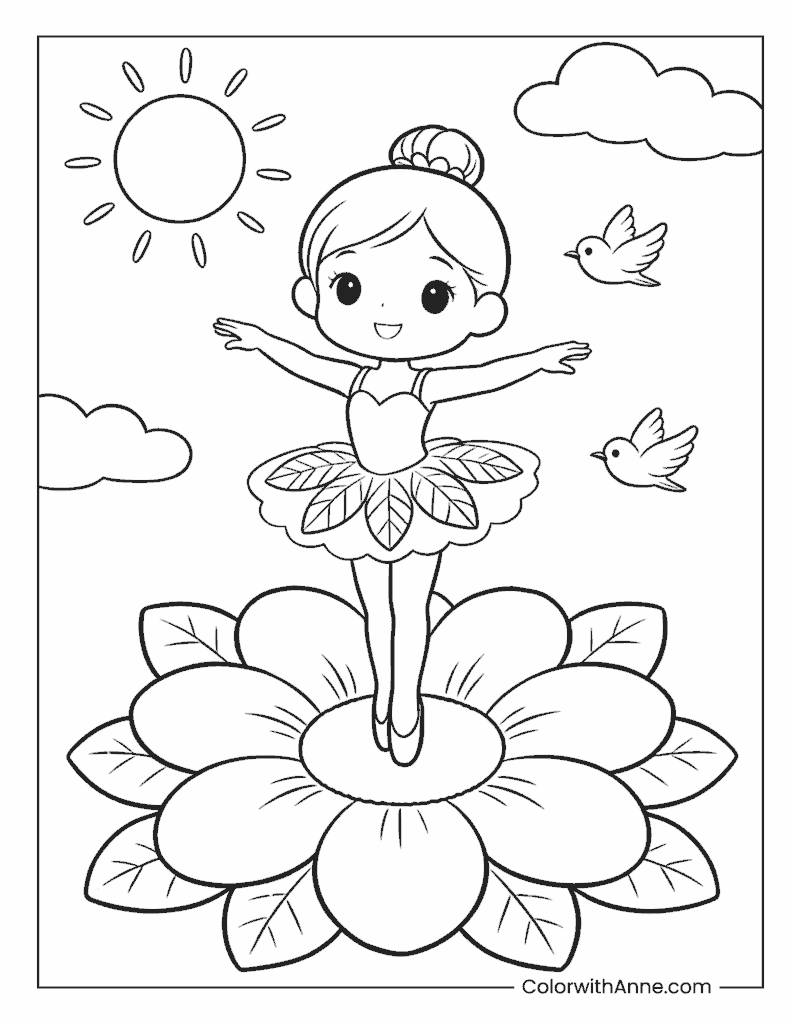 Ballerina Standing on a Flower Petal Coloring Page