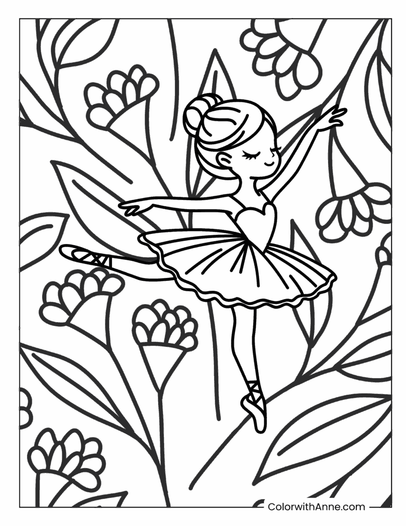 Ballet Dancer in a Floral Daydream Coloring Page