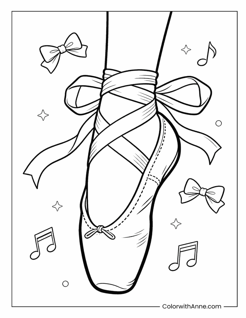 Ballet Pointe Shoe with Ribbons and Music Notes Coloring Page