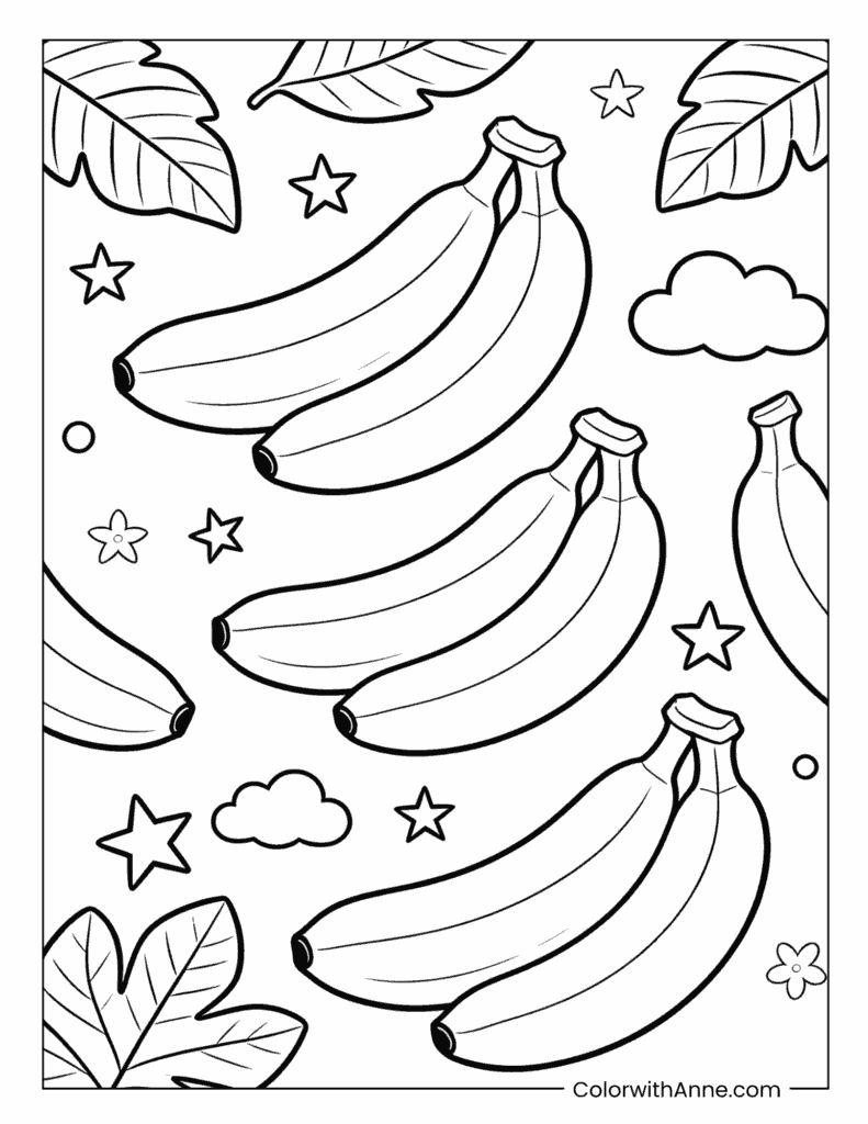 Bananas with Leaves and Stars Coloring Page