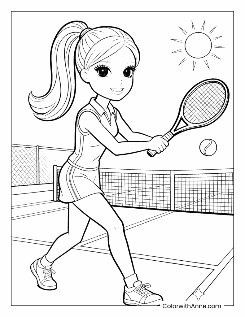 Barbie Playing Tennis on a Sunny Court Coloring Page