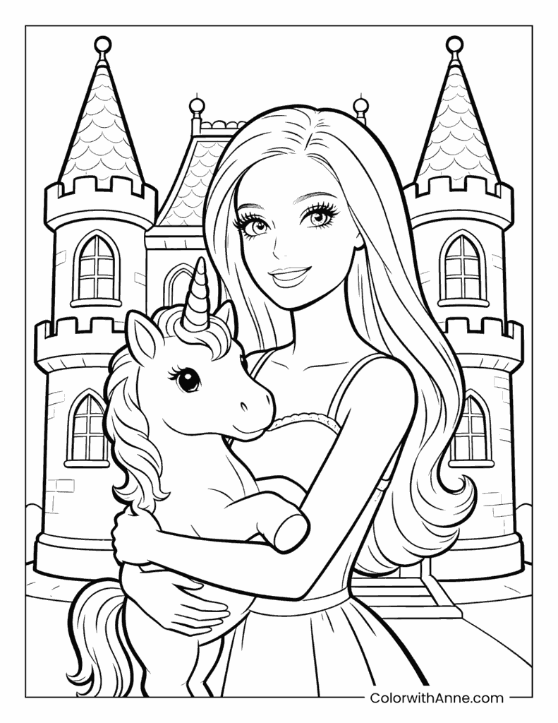 Barbie Princess Holding a Unicorn in Front of a Castle Coloring Page