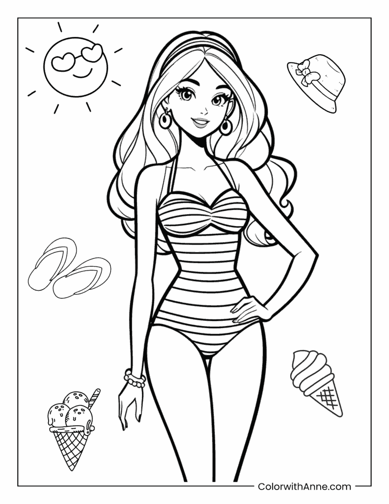 Barbie Summer Beach Coloring Page