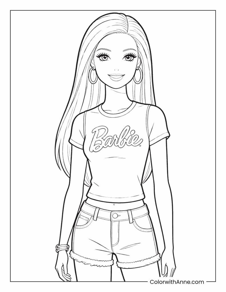 Barbie in Casual T-Shirt and Denim Shorts Coloring Page