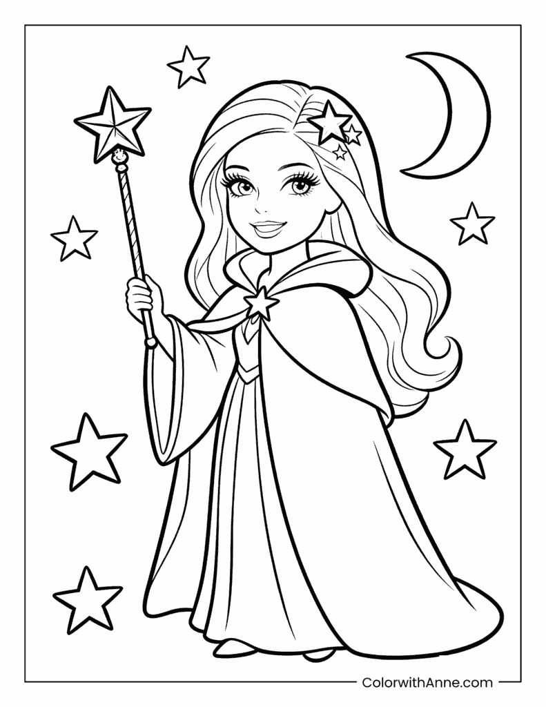 Barbie in a Cape with a Star Wand Coloring Page