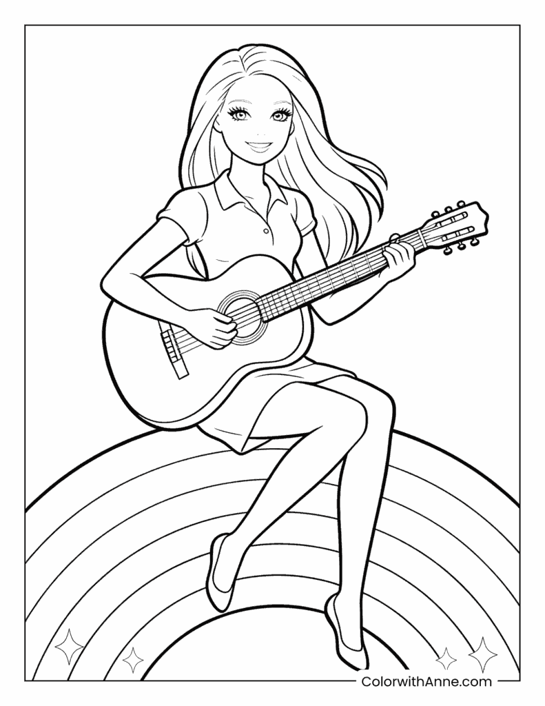 Barbie on a Rainbow Playing Guitar Coloring Page