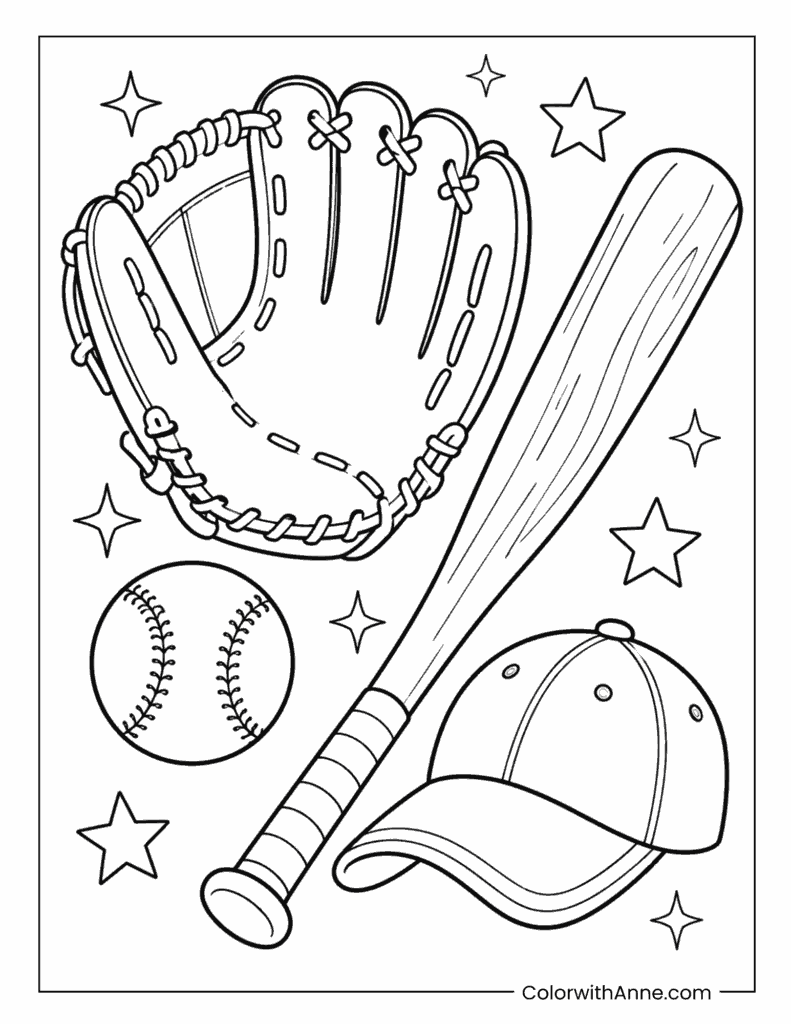 Baseball Bat, Glove, Ball, and Cap Coloring Page