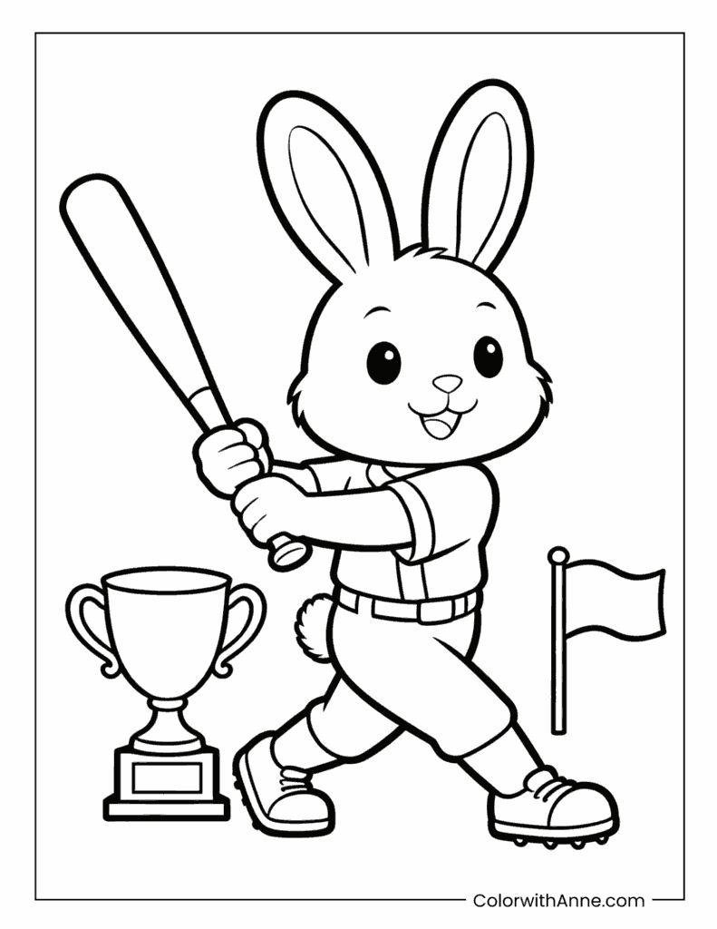 Baseball Bunny with Bat and Trophy Coloring Page
