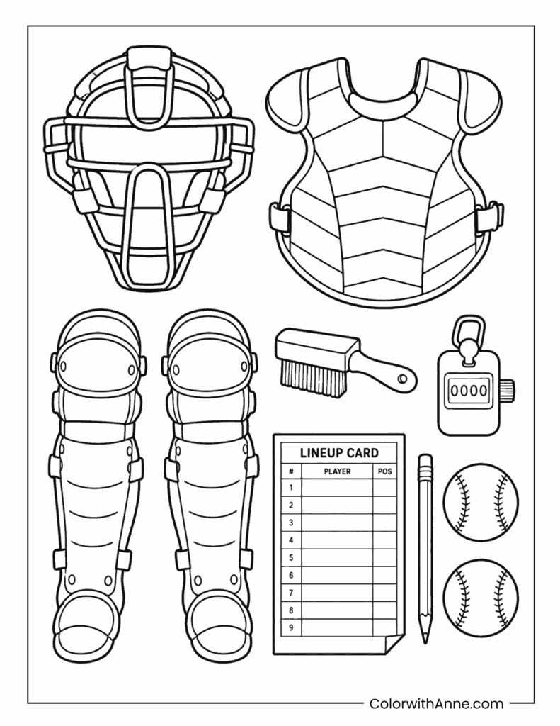 Baseball Catcher Gear and Lineup Card Coloring Page