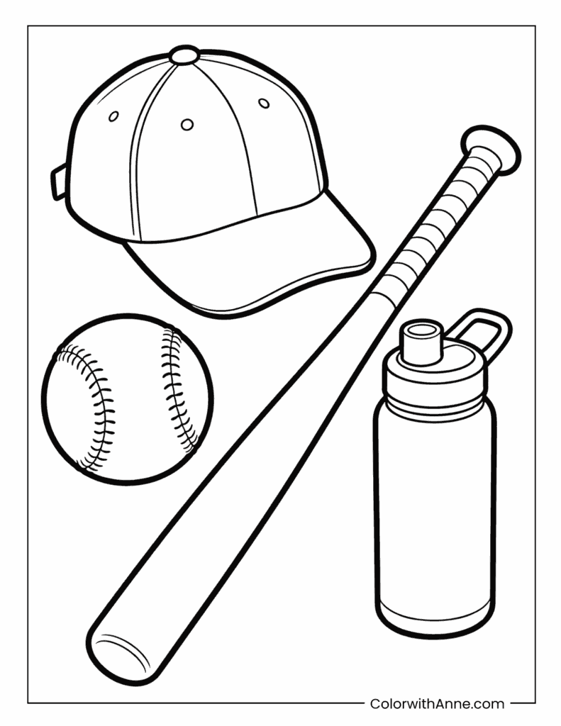 Baseball Gear (Cap, Ball, Bat, Bottle) Coloring Page