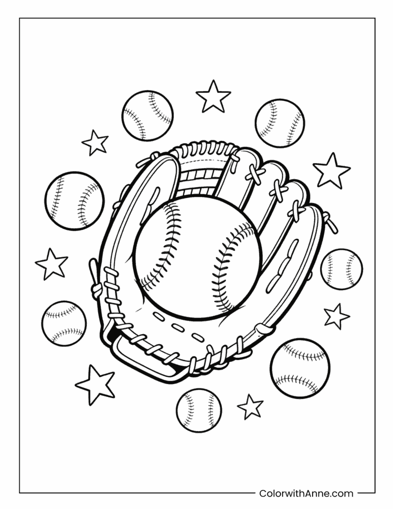 Baseball Glove Surrounded by Balls and Stars Coloring Page