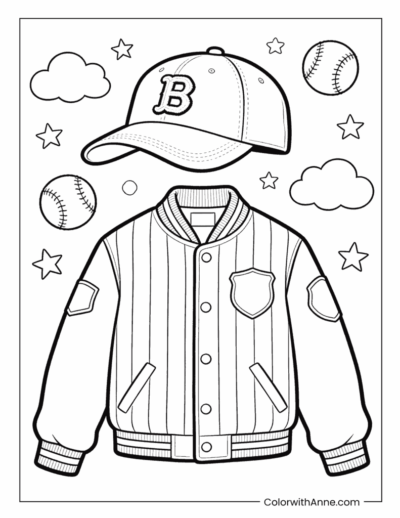 Baseball Jacket, Cap, and Balls Coloring Page