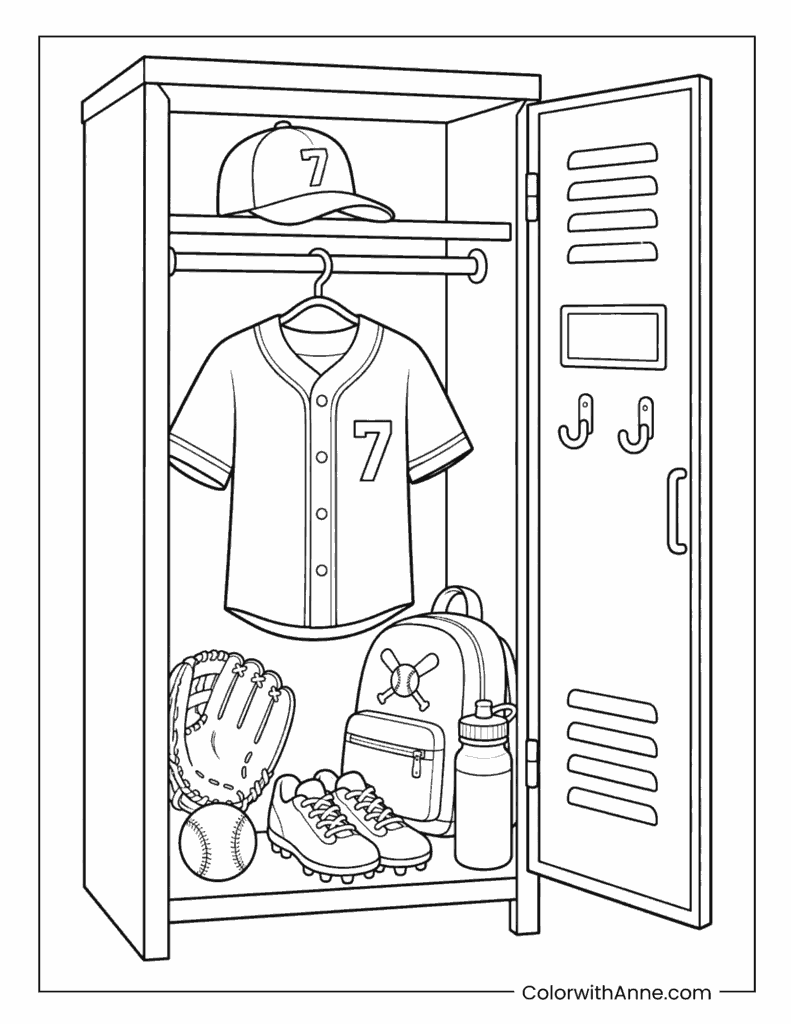 Baseball Uniform and Gear Locker Coloring Page