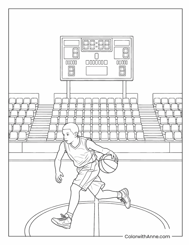 Basketball Player Dribbling on Court Coloring Page