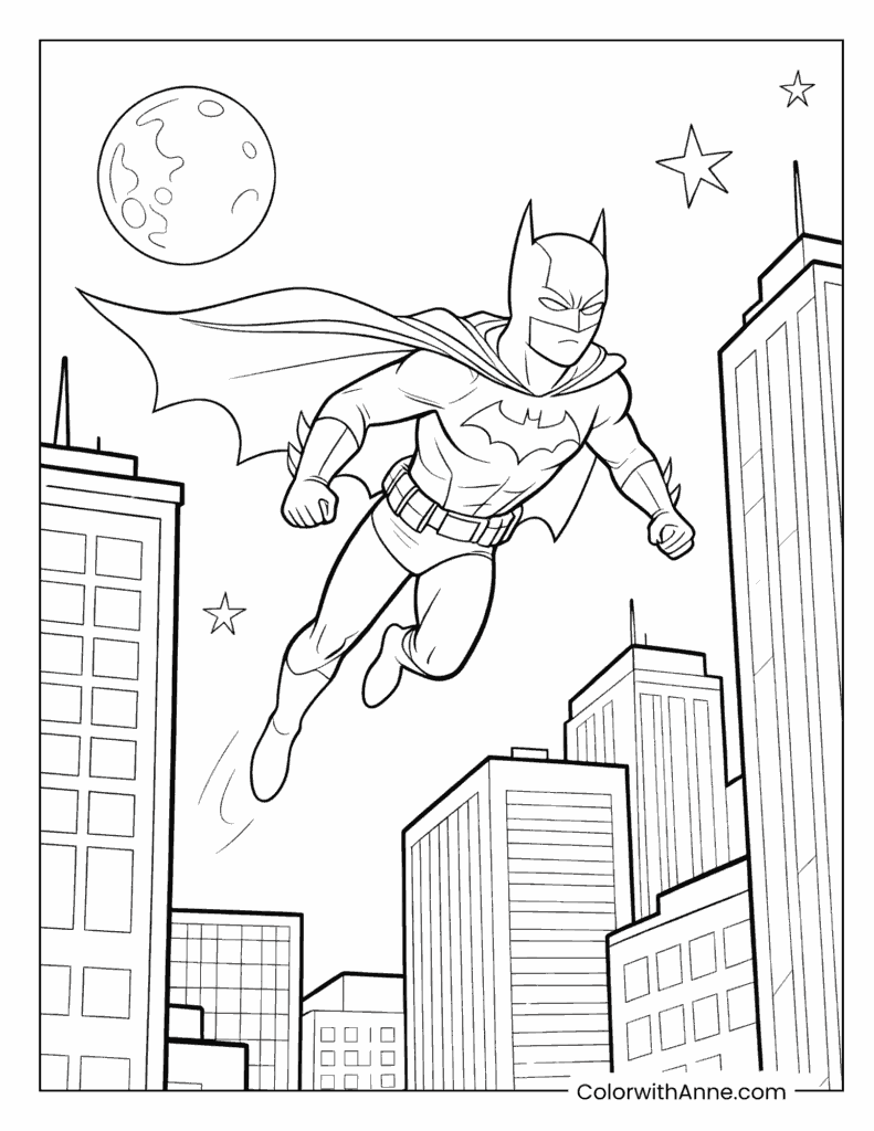 Batman Flying Over a Cityscape Coloring Page