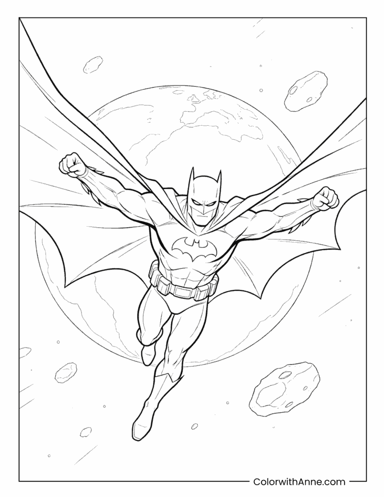 Batman Flying Through Space with a Planet and Asteroids Coloring Page