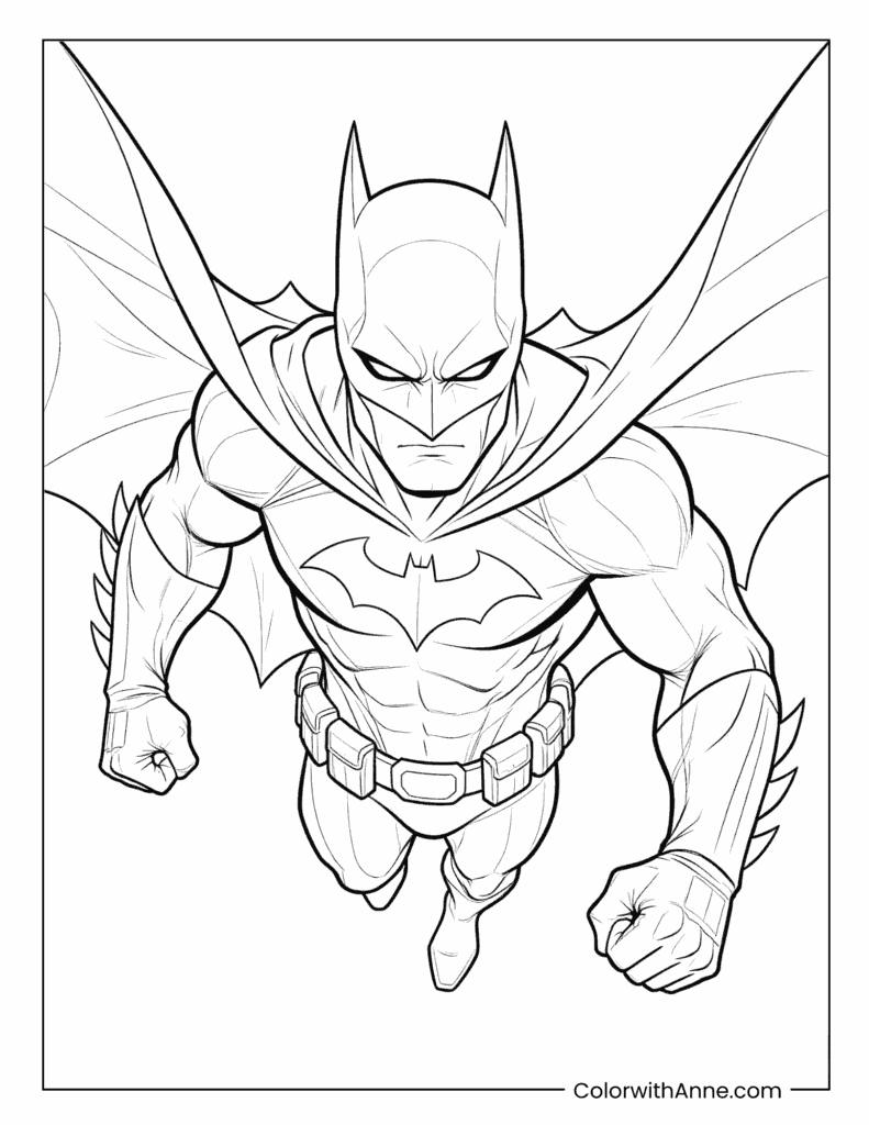Batman Gliding Through the Night Sky with His Cape Spread Wide Coloring Page