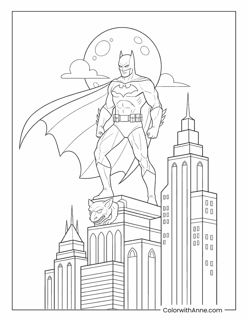 Batman Standing Guard Above Gotham City Under the Full Moon Coloring Page