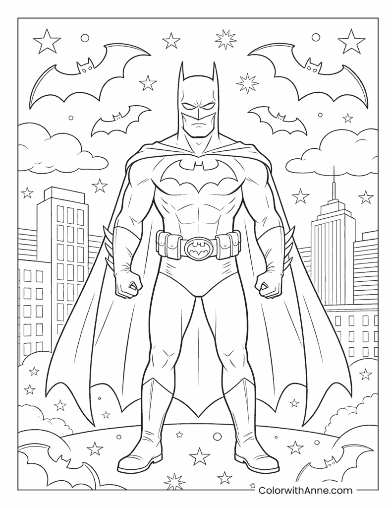 Batman Standing Guard Over Gotham City Coloring Page