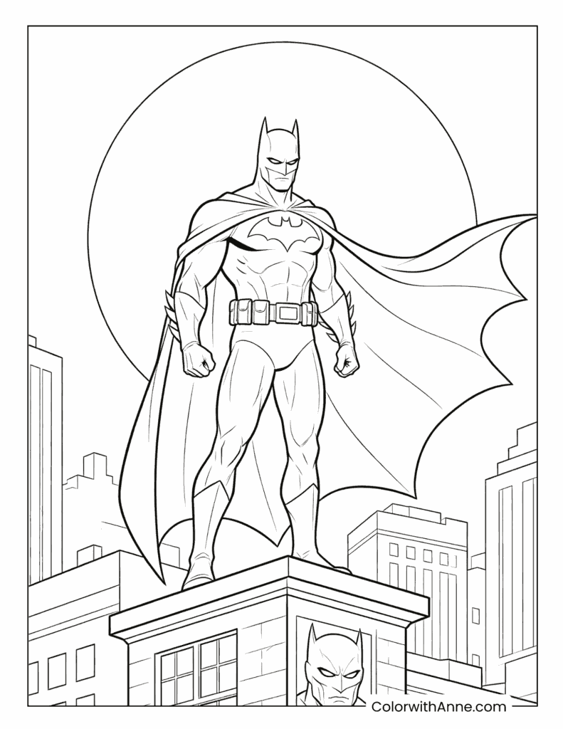 Batman Standing on a Rooftop Above the Gotham City Coloring Page