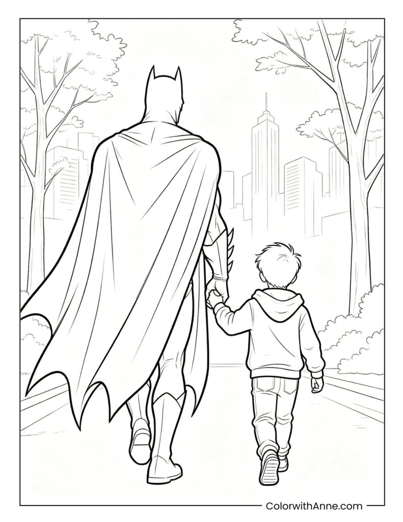 Batman Walking Hand in Hand with a Boy Coloring Page