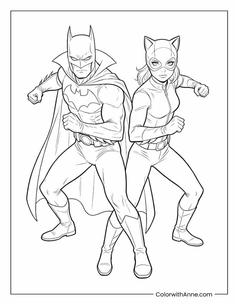 Batman and Catwoman Ready for Action Coloring Page