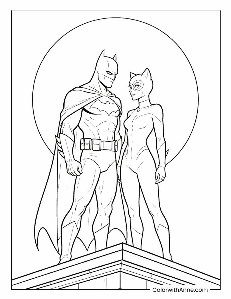 Batman and Catwoman Under the Full Moon Coloring Page