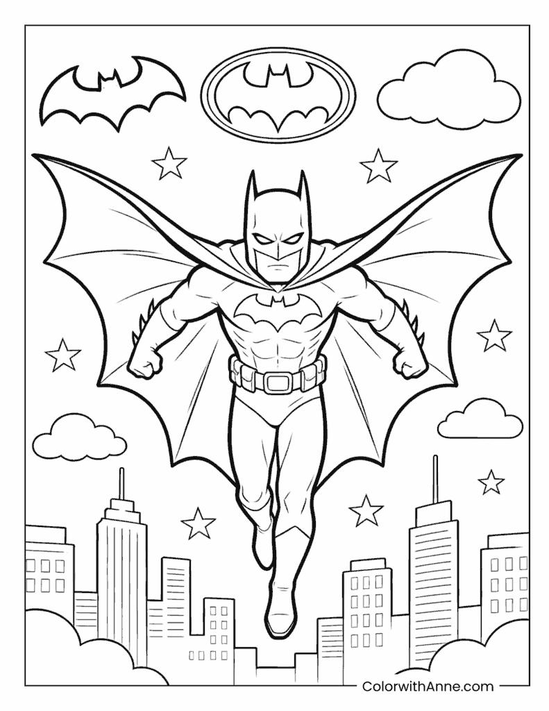 Batman in Flight Above Gotham City Coloring Page