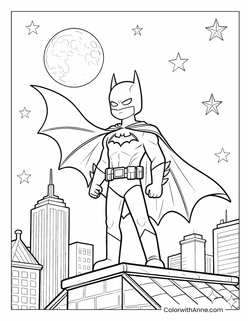 Batman on a Rooftop with Moon Coloring Page