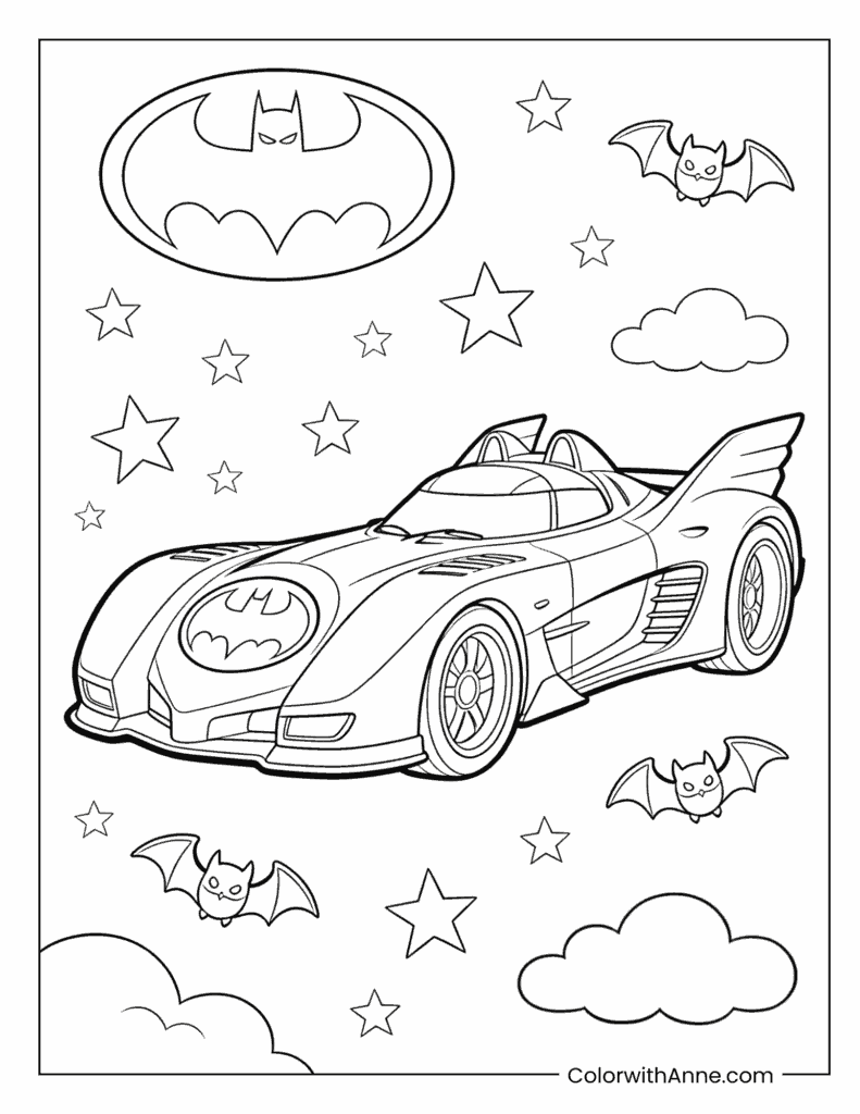 Batmobile in the Night Sky Batman Coloring Page
