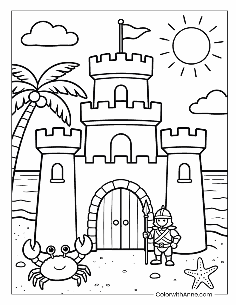 Beach Castle with a Knight and Palm Tree Coloring Page