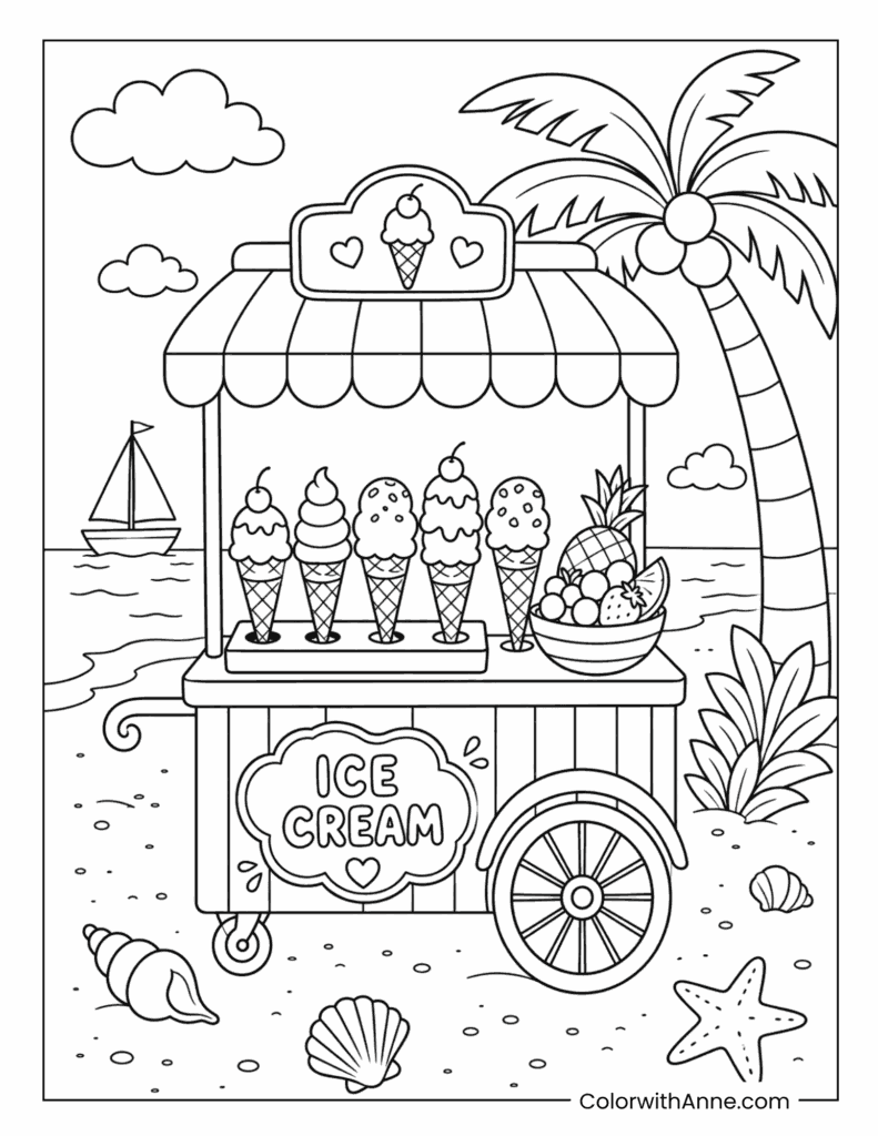 Beach Ice Cream Cart with Cones and Fruit Coloring Page