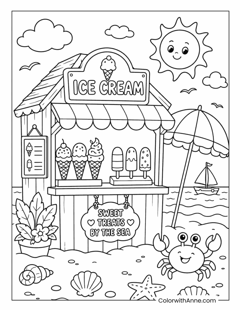 Beach Ice Cream Stand with Crab and Sweet Treats by the Sea Coloring Page