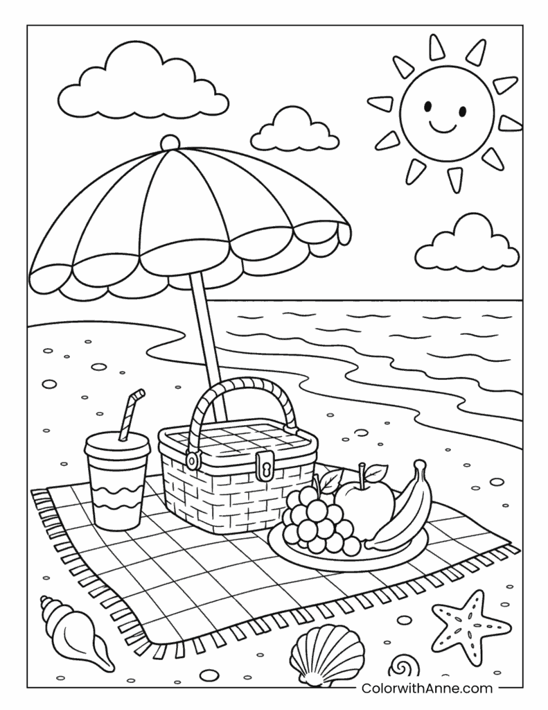 Beach Picnic Under a Sunny Umbrella Coloring Page
