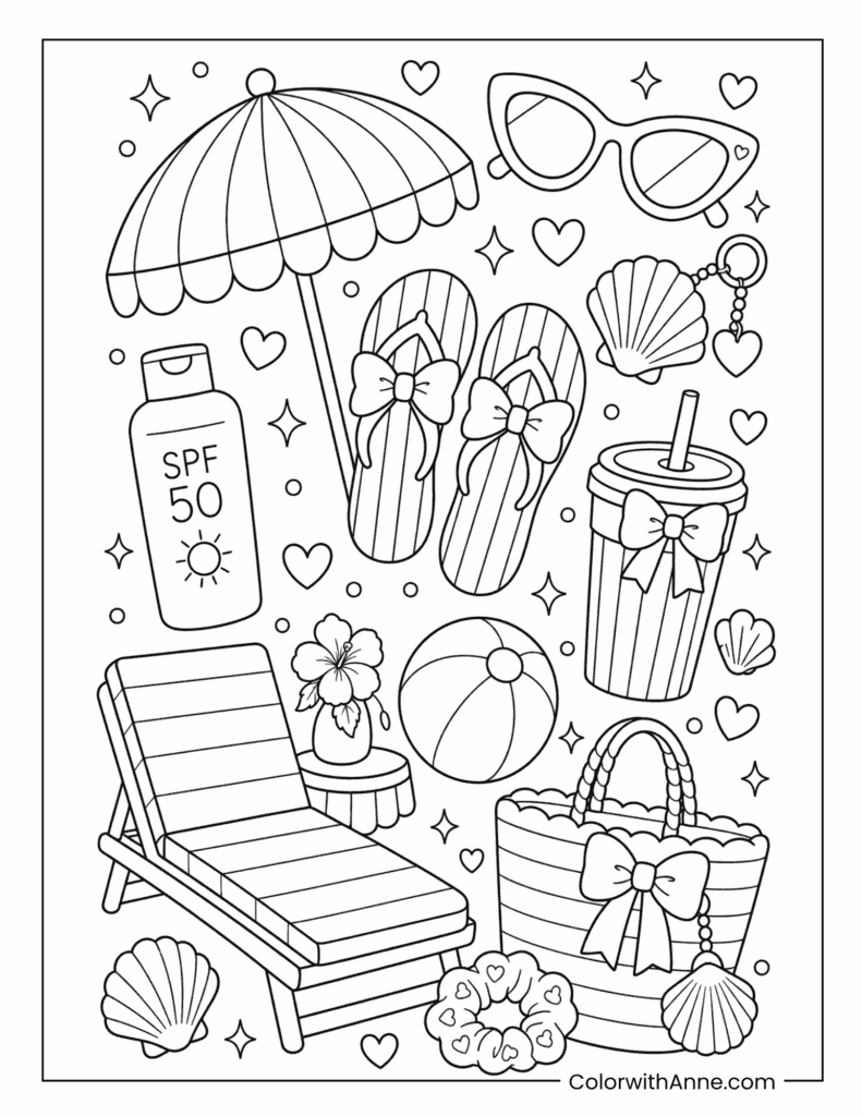 Beach & Summer Preppy Essentials Coloring Page