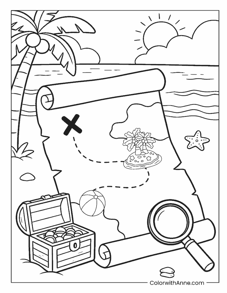 Beach Treasure Map with Chest and Coconut Tree Coloring Page