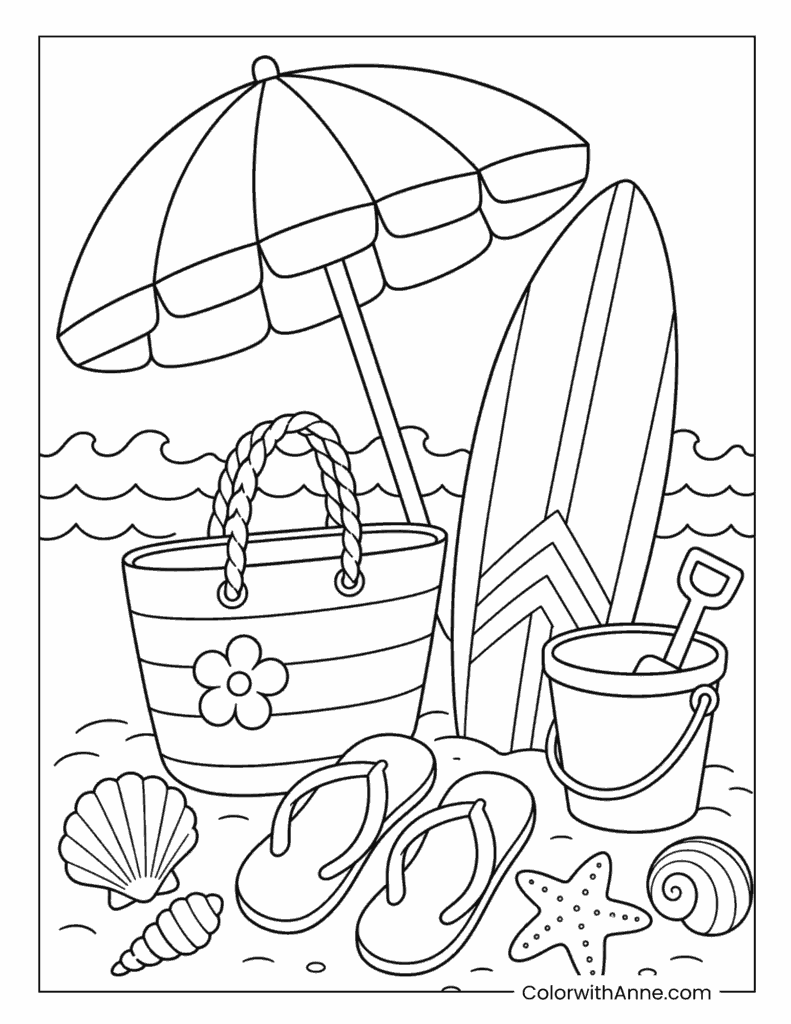 Beach Umbrella, Surfboard, Flip-Flops and Sand Bucket Coloring Page for Kids